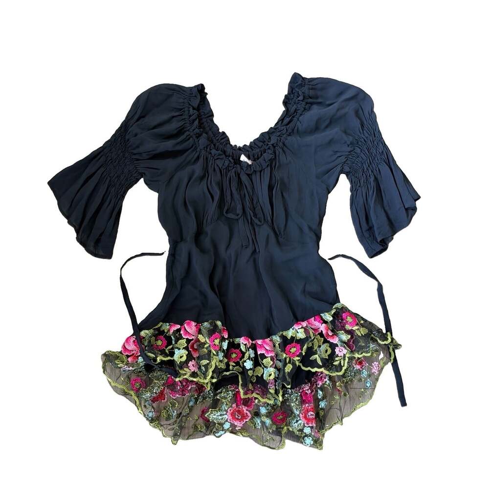 Marrika Nakk Designer bohemian fairy gothic black sheer peasant blouse ruffles M